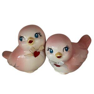 Pink Ceramic Lovebird Figurines 4"x3" Pair With Heart Accents Home Decor